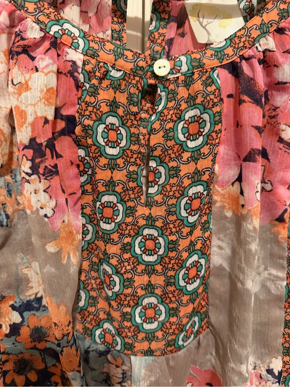 Anthropologie Fig and Flower Boho Peasant Top in Orange, Pink, Green, Blue Latge - Picture 5 of 9